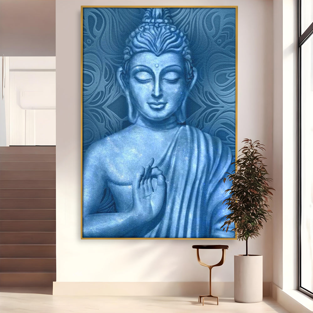 Tablou canvas cu tablou canvas cu buddha albastru, in rama de aluminiu auriu